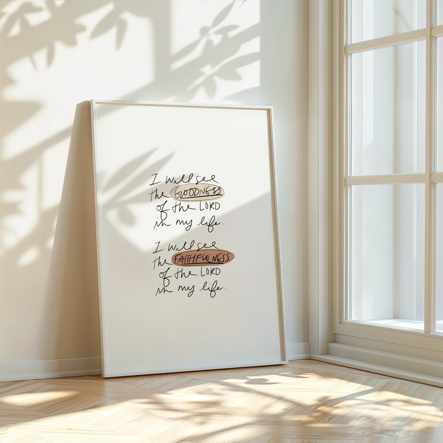 Bible verse inspired digital wall art that says “I will see the goodness and faithfulness of the Lord” with a coastal cottage vibe