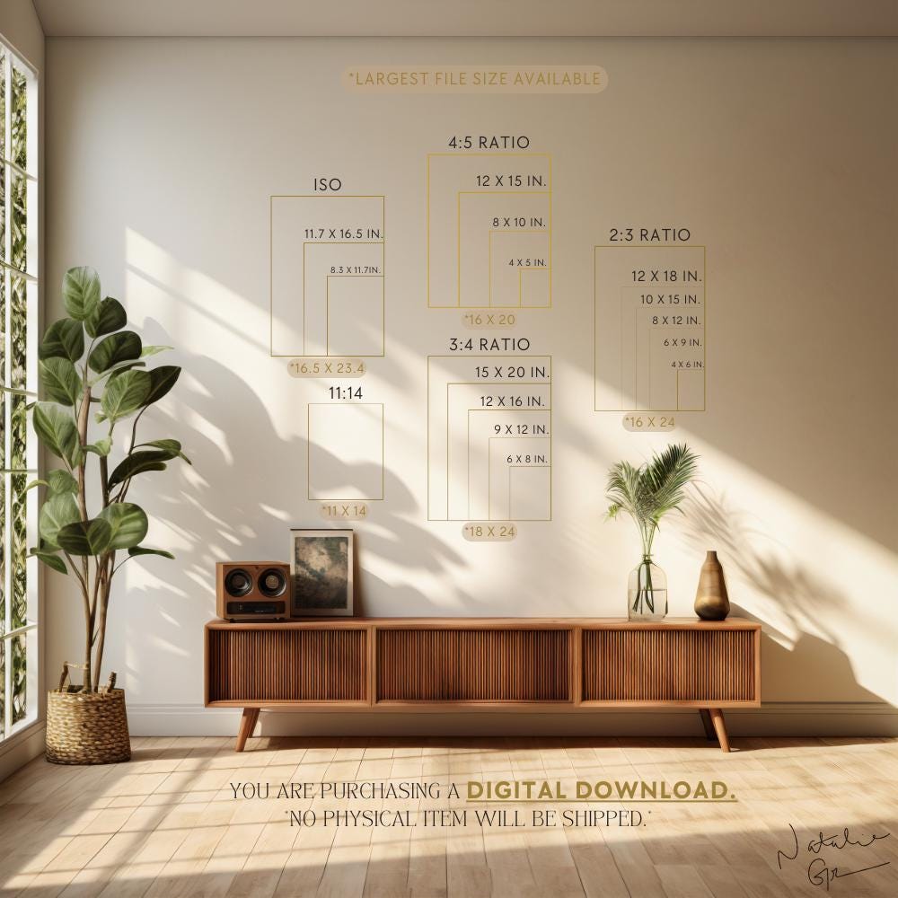 Boho living room styled mockup with digital ratio sizes for Natalie Grover Prints.