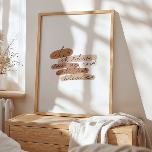 Proverbs 31 printable gift mockup in a cozy setting with soft blankets, wooden furniture, and warm light.