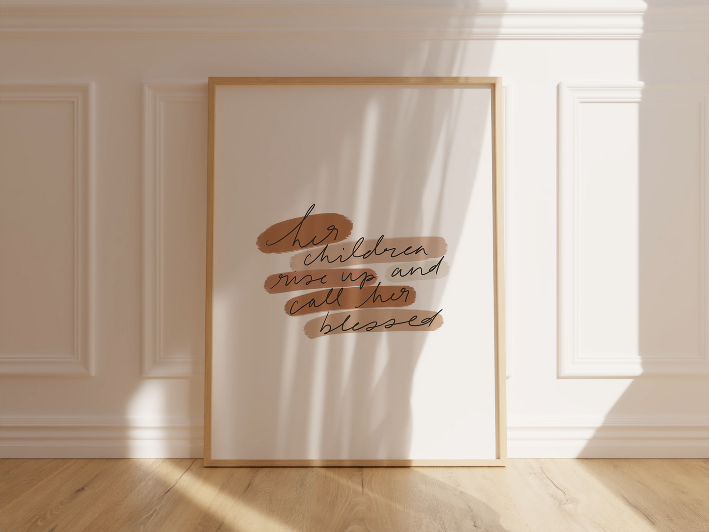 Proverbs 31 faith-based print mockup for Mother’s Day shown in a cozy boho space with neutral decor.