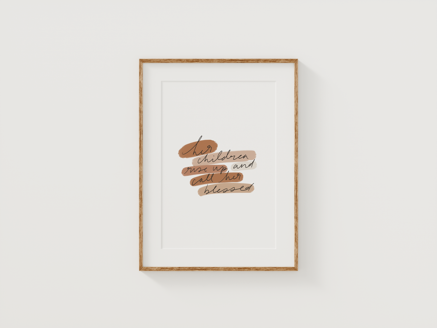 Christian printable wall art for mom with Proverbs 31 verse styled in a clean, minimal setting with white walls and light wood.