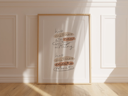 Neutral-toned Christian wall art featuring the Bible verse “His mercies are new every morning. His mercy endures forever.”