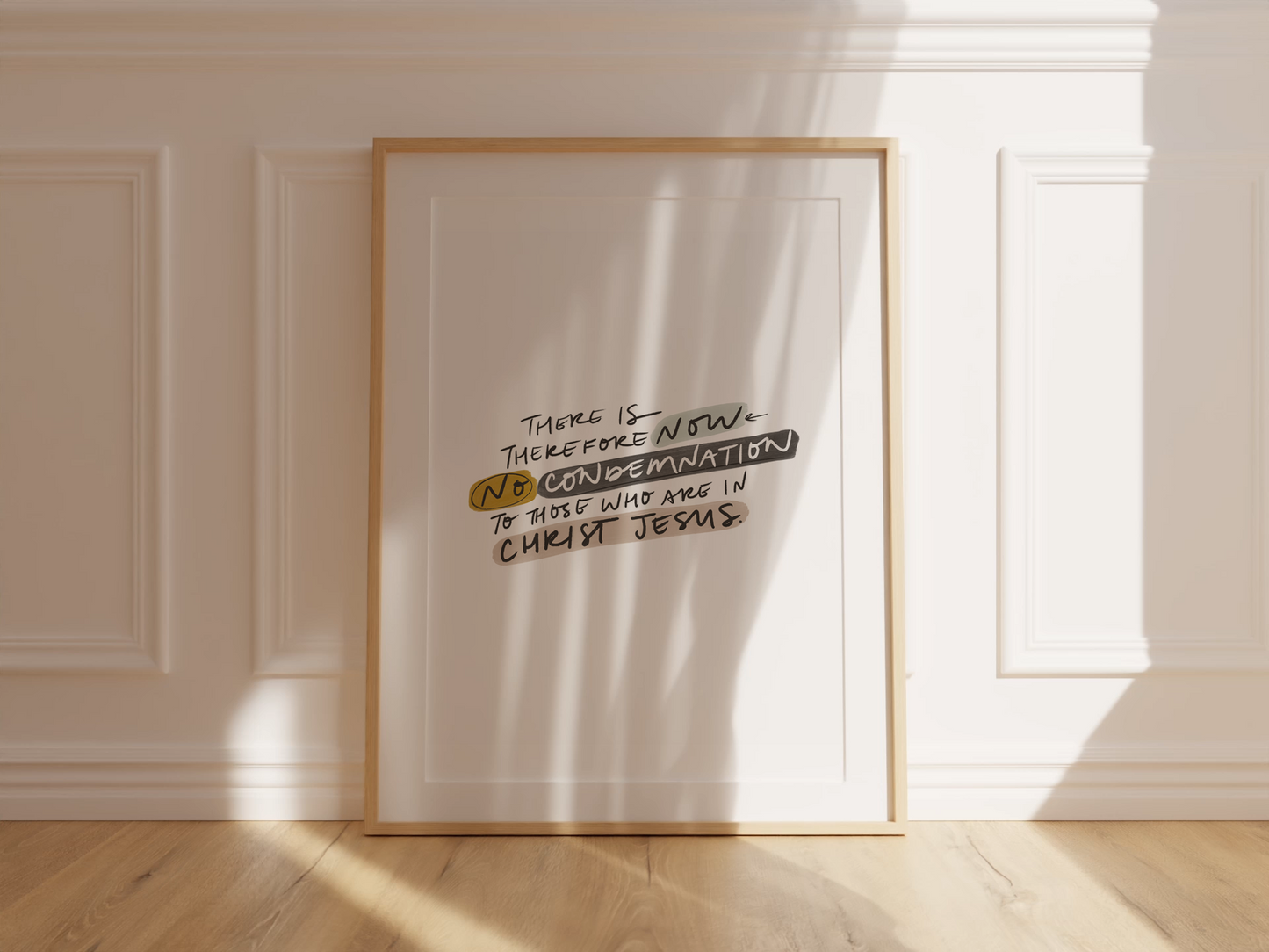 Christian art that declares scriptural truth with the bible verse, "There is therefore now no condemnation to those who are in Christ Jesus" in neutral tones