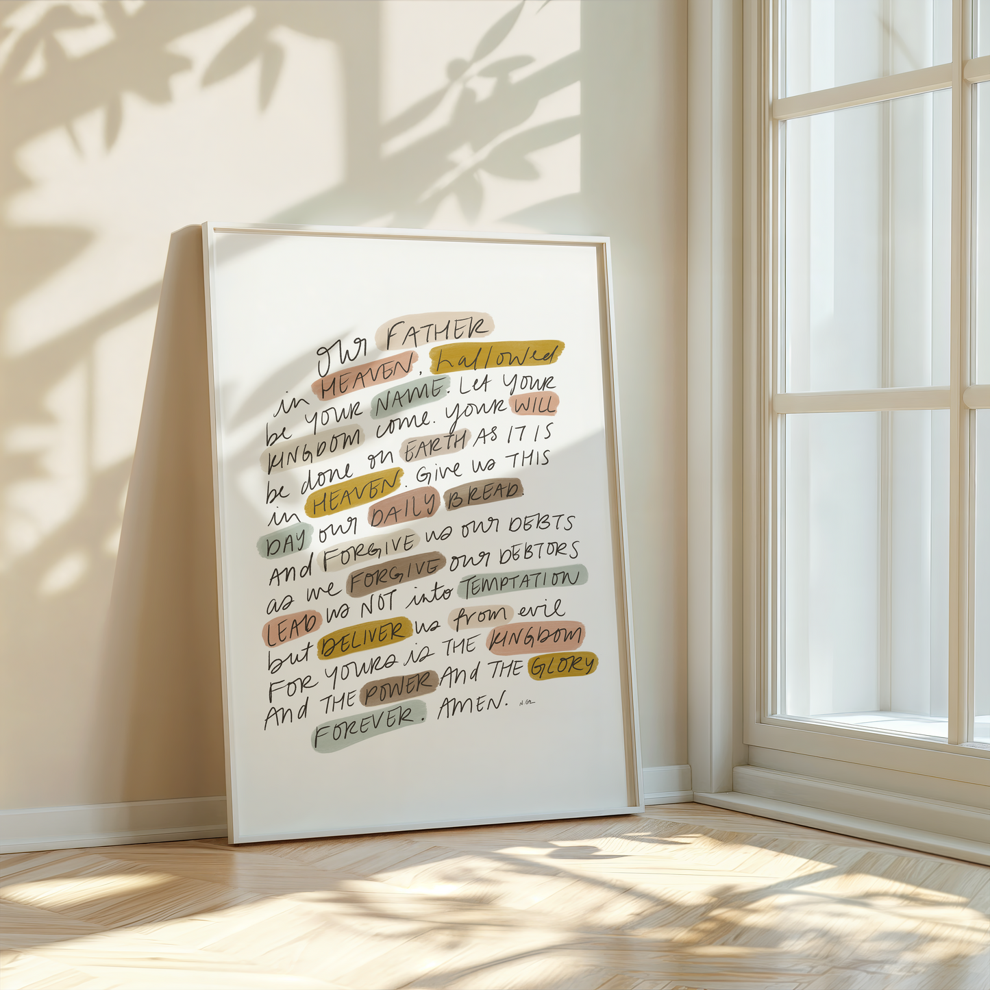 Faith-based downloadable wall art of The Lord’s Prayer from Matthew 6 9 13 styled in a tropical coastal cottage Christian home setting
