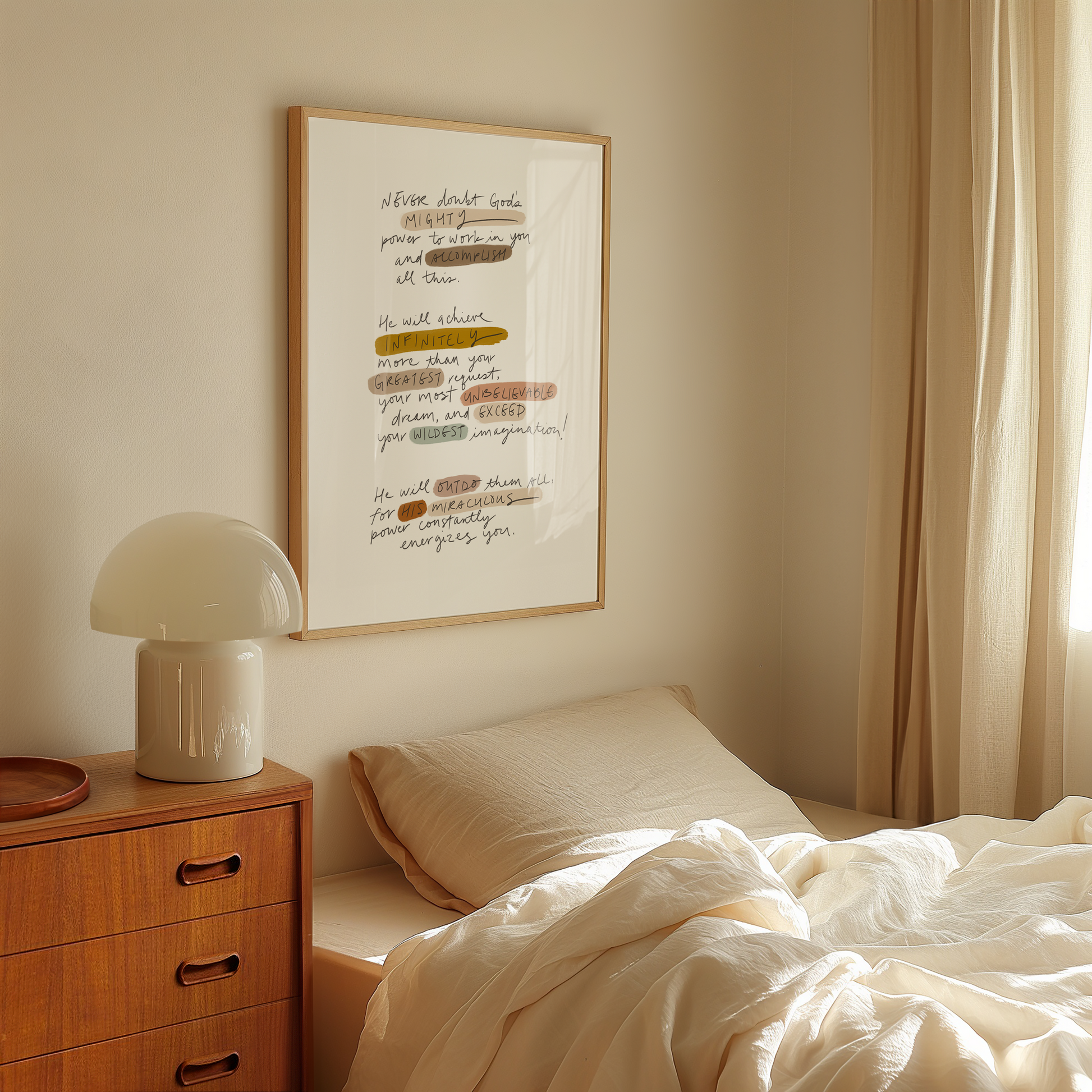 Framed christian wall art with Ephesians 3:20 handwritten in black with earthy tones highlighting words like, "mighty", "infinitely", "exceed", and "miraculous".