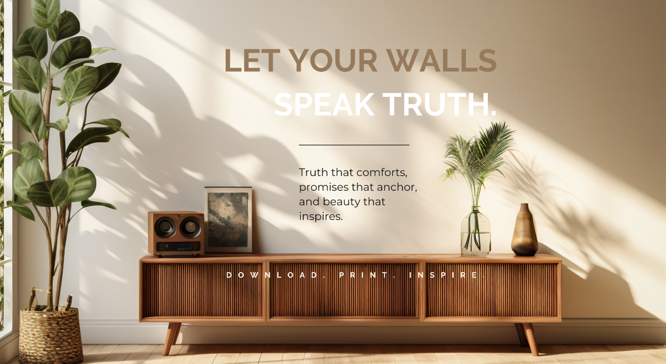 Wooden console table with decorative items against a wall with sunlight casting shadows.