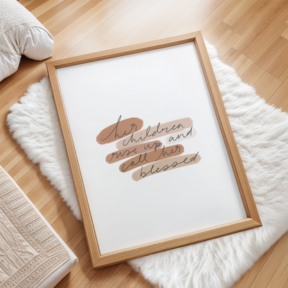 Faith-based Mother's Day scripture print shown in a modern minimalist interior with simple, natural light.