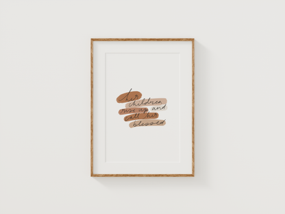 Christian printable wall art for mom with Proverbs 31 verse styled in a clean, minimal setting with white walls and light wood.