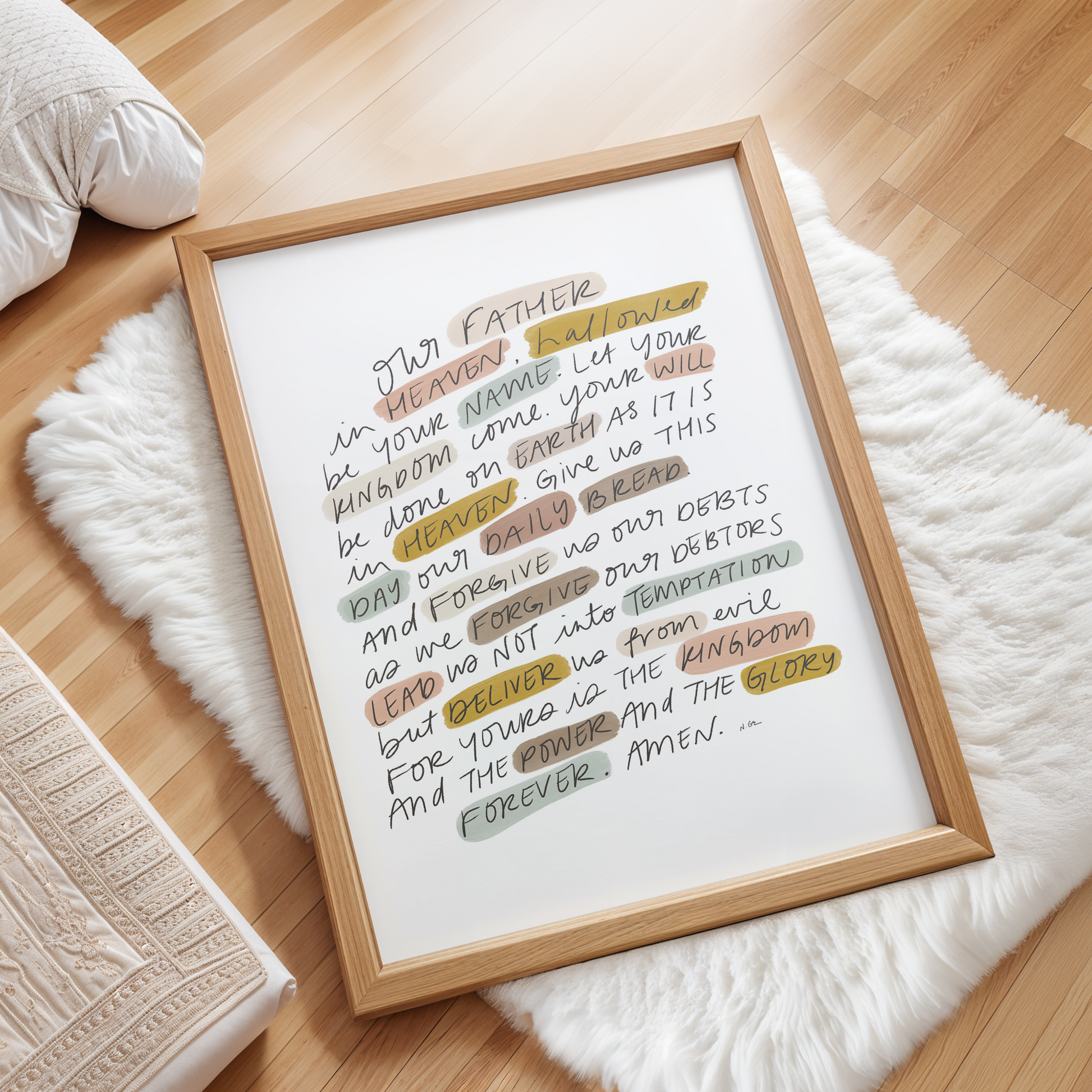 Hand-lettered Bible verse wall art featuring The Lord’s Prayer in earthy minimalist style printable for women of faith