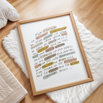 Hand-lettered Bible verse wall art featuring The Lord’s Prayer in earthy minimalist style printable for women of faith