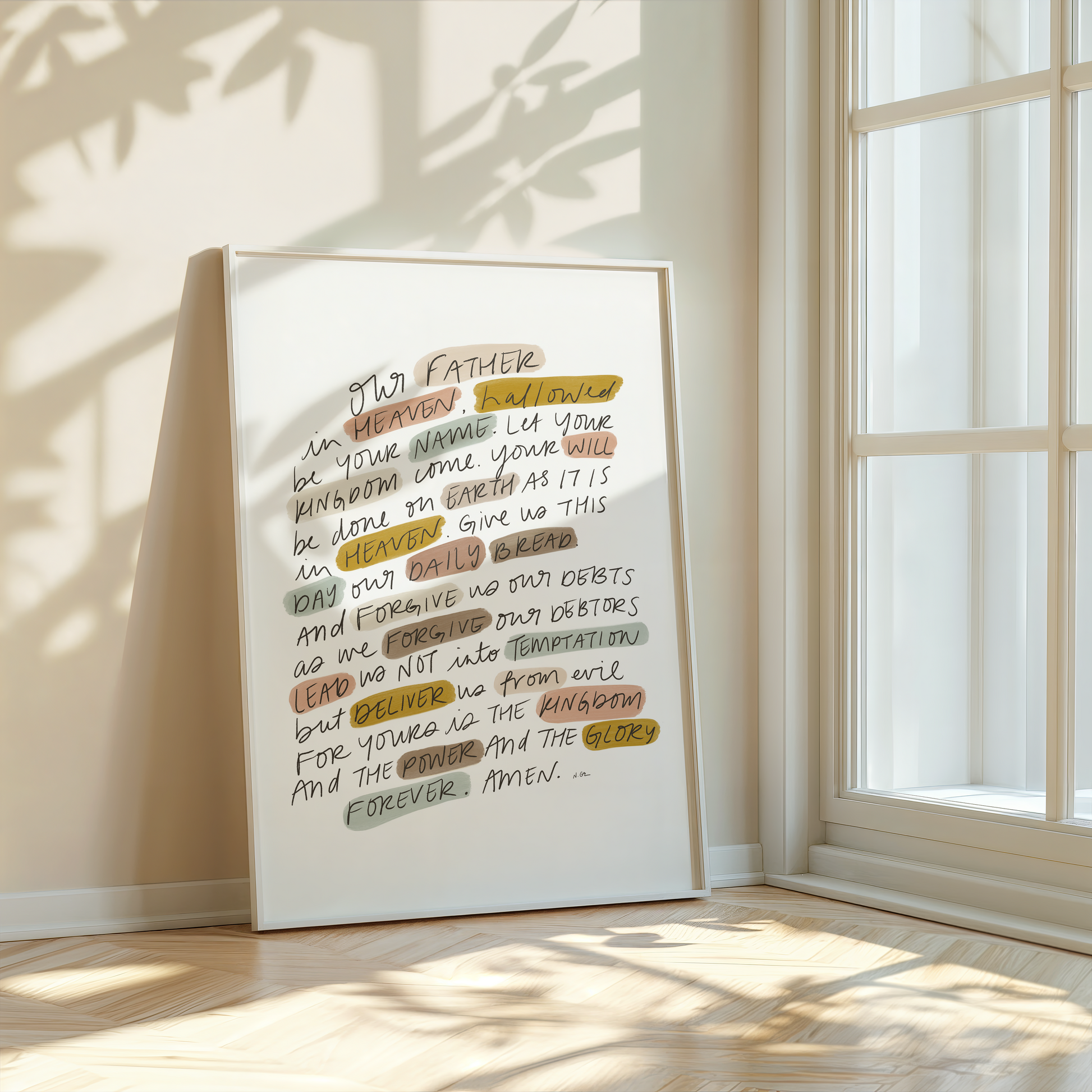 Faith-based downloadable wall art of The Lord’s Prayer from Matthew 6 9 13 styled in a tropical coastal cottage Christian home setting