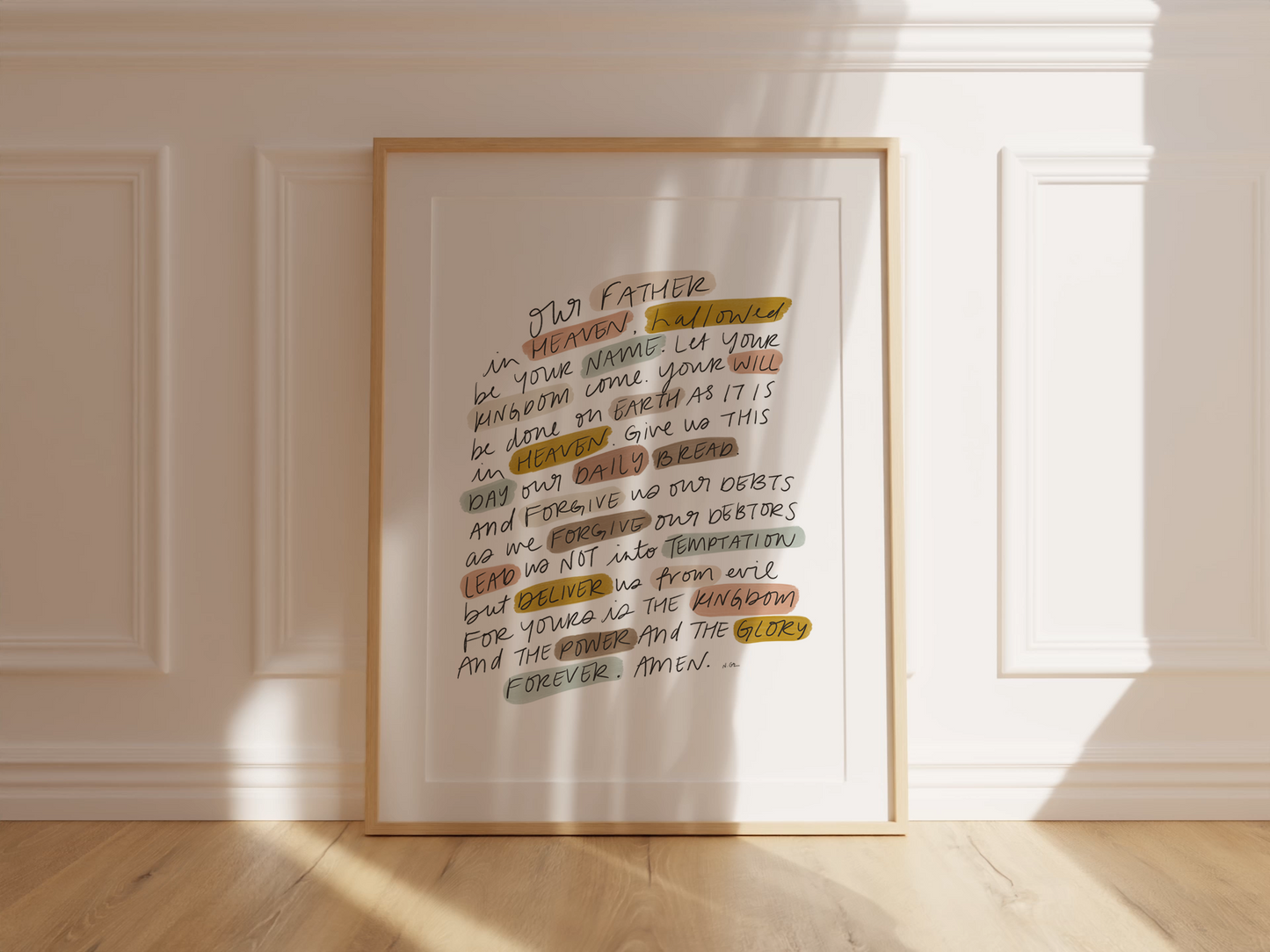 Christian scripture art print Matthew 6 9 13 The Lord’s Prayer framed and styled for modern farmhouse decor