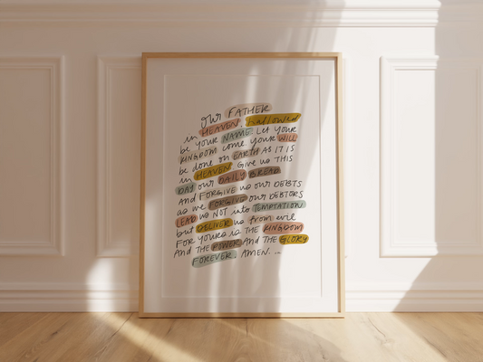 Christian scripture art print Matthew 6 9 13 The Lord’s Prayer framed and styled for modern farmhouse decor