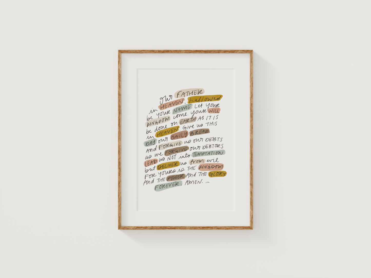 The Lord’s Prayer Matthew 6:9-13 printable wall art with handwritten scripture and earthy highlight colors in oak wood frame