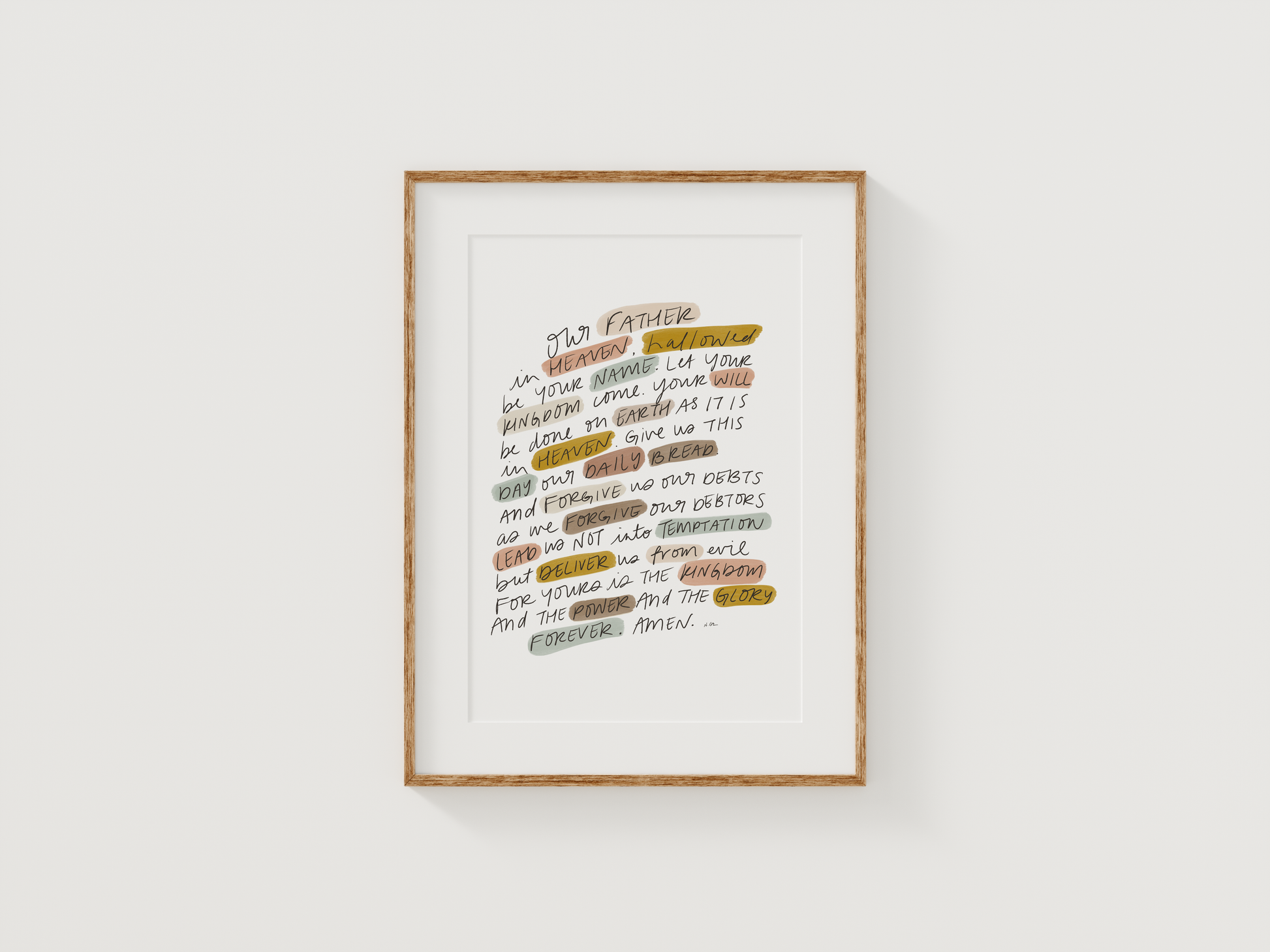 The Lord’s Prayer Matthew 6:9-13 printable wall art with handwritten scripture and earthy highlight colors in oak wood frame