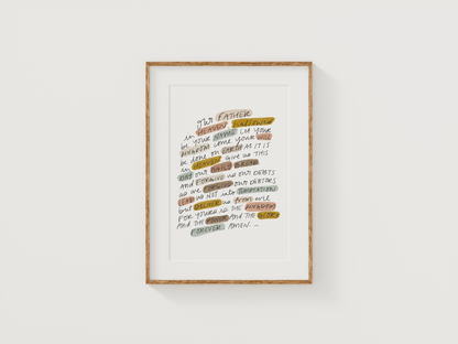 The Lord’s Prayer Matthew 6:9-13 printable wall art with handwritten scripture and earthy highlight colors in oak wood frame