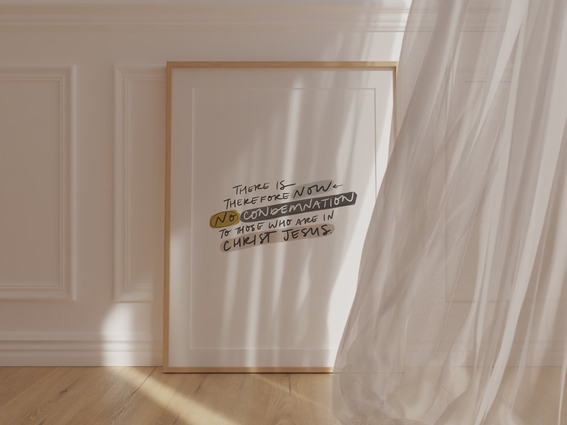 Christian art that declares scriptural truth with the bible verse, "There is therefore now no condemnation to those who are in Christ Jesus" in neutral tones, with a curtain flowing in front of it - adding peace, comfort, and tranquility
