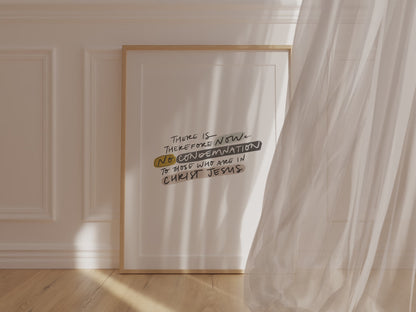 Christian art that declares scriptural truth with the bible verse, "There is therefore now no condemnation to those who are in Christ Jesus" in neutral tones, with a curtain flowing in front of it - adding peace, comfort, and tranquility