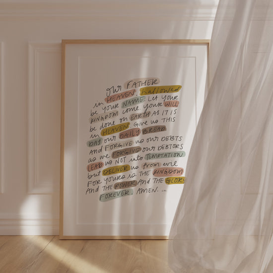 Bible verse digital download with The Lord’s Prayer in handwritten script and warm neutral palette, framed for farmhouse or boho style home