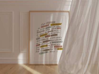 Bible verse digital download with The Lord’s Prayer in handwritten script and warm neutral palette, framed for farmhouse or boho style home