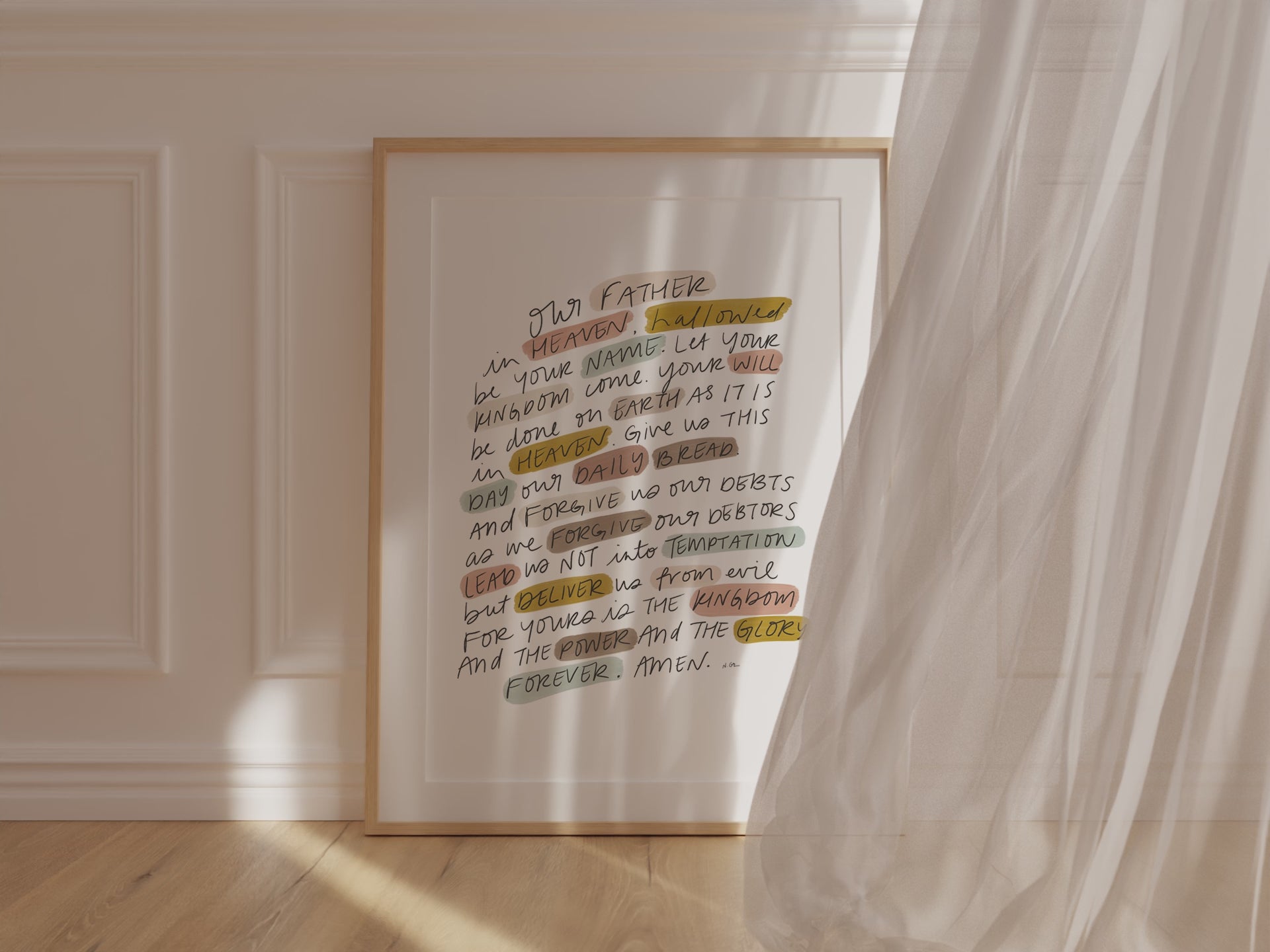 Bible verse digital download with The Lord’s Prayer in handwritten script and warm neutral palette, framed for farmhouse or boho style home
