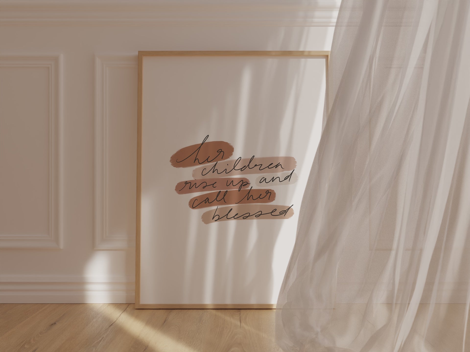 Printable scripture wall art for Mother’s Day displayed in a warm, cozy room with soft textures and sunlit wood tones.