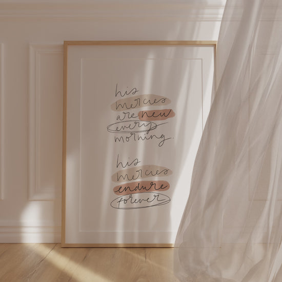 Printable scripture art with a soft, minimalist design displaying Lamentations 3:23 and Psalm 136.
