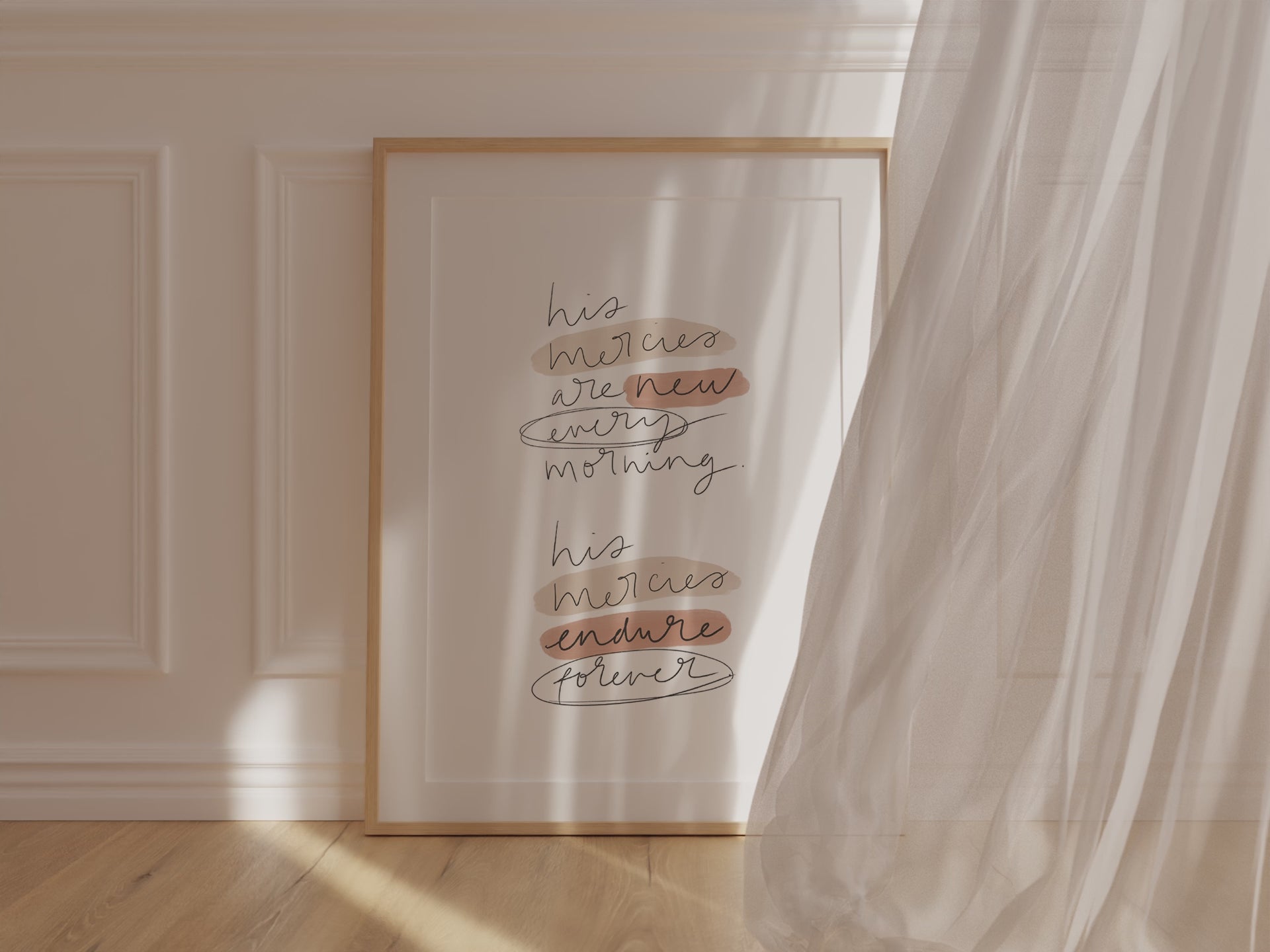 Printable scripture art with a soft, minimalist design displaying Lamentations 3:23 and Psalm 136.
